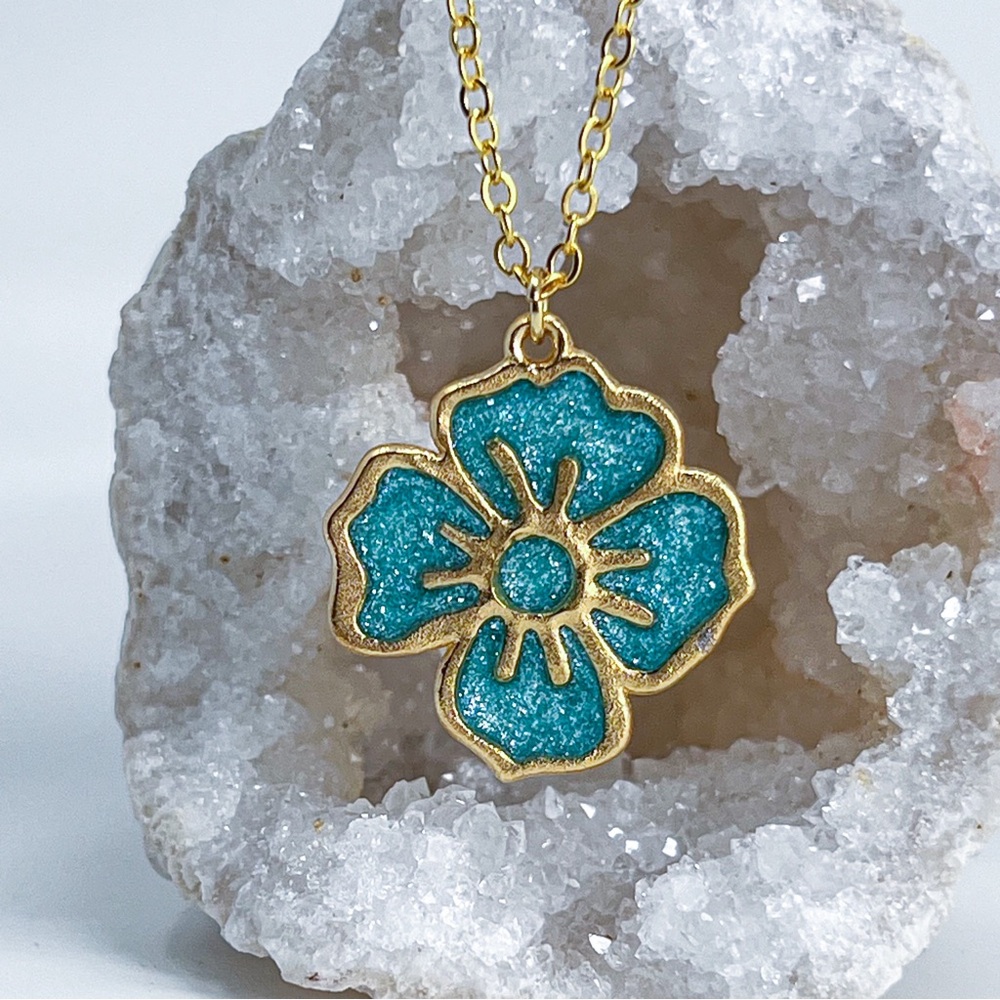 3/$20 24k Gold Lake Blue Glitter Resin Flower Charm Handmade Pendant Necklace